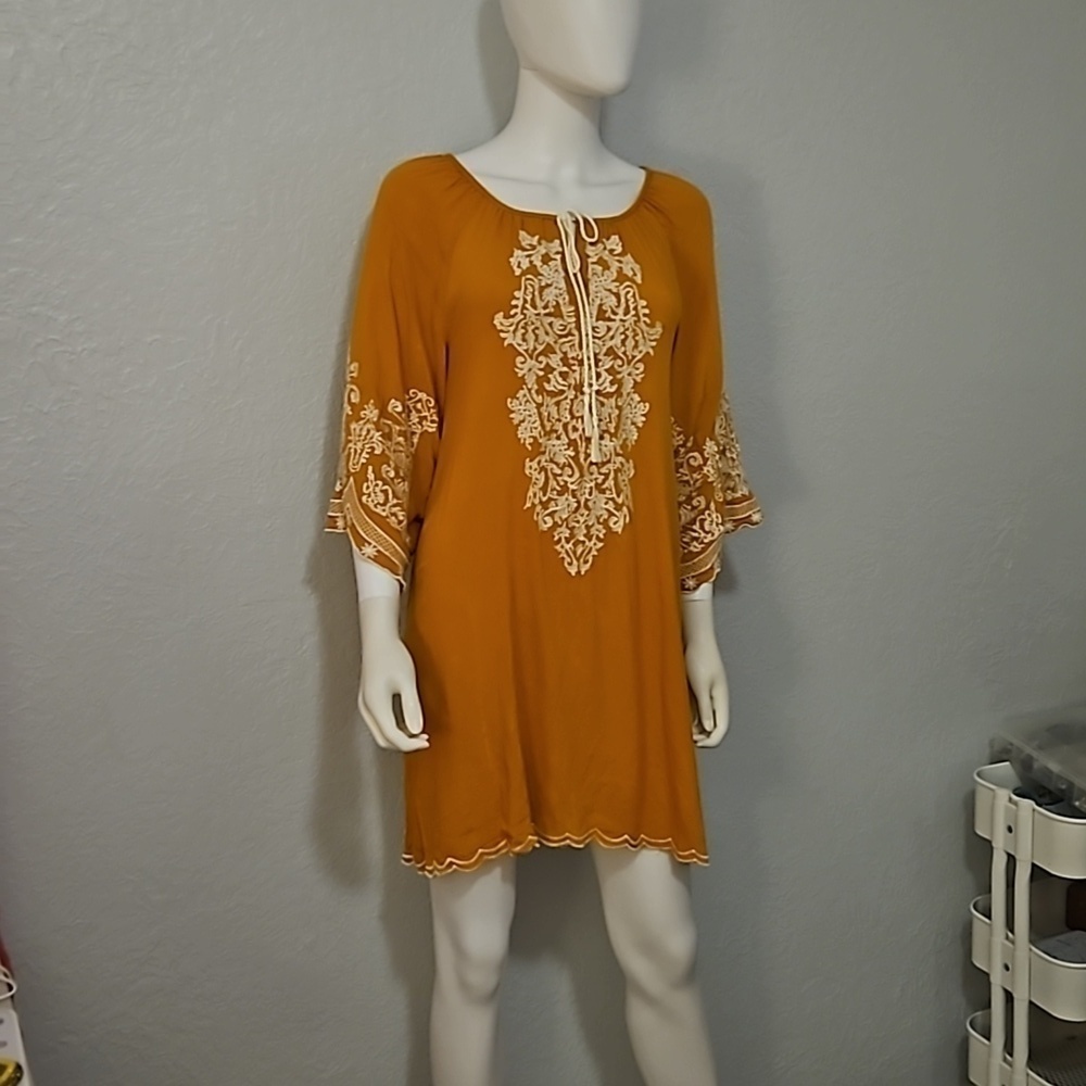 CHIC CONNECTION Mustard Yellow Floral Embroidered Boho Peasant Mini Dress - Picture 3 of 10